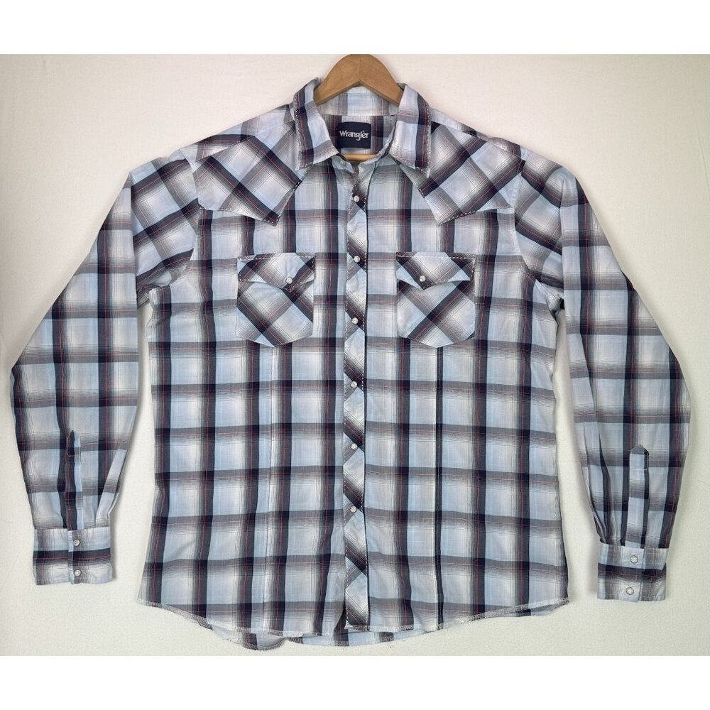 Wrangler Plaid Pearl Snap Long Sleeve Western Shirt Blue Red Gray Stitched Sz XL